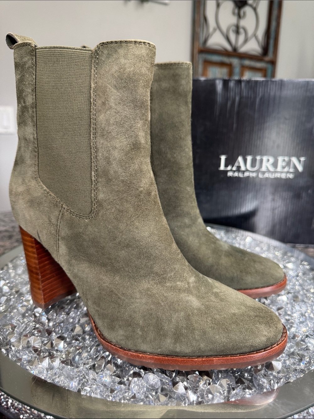 Ralph Lauren Olive Suede Stacked Heel Chelsea Boot NEW 6 - Picture 5 of 15